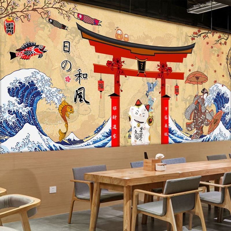 日式寿司店墙纸招财猫壁画日本拉面馆装修墙布居酒屋墙面装饰壁纸图片