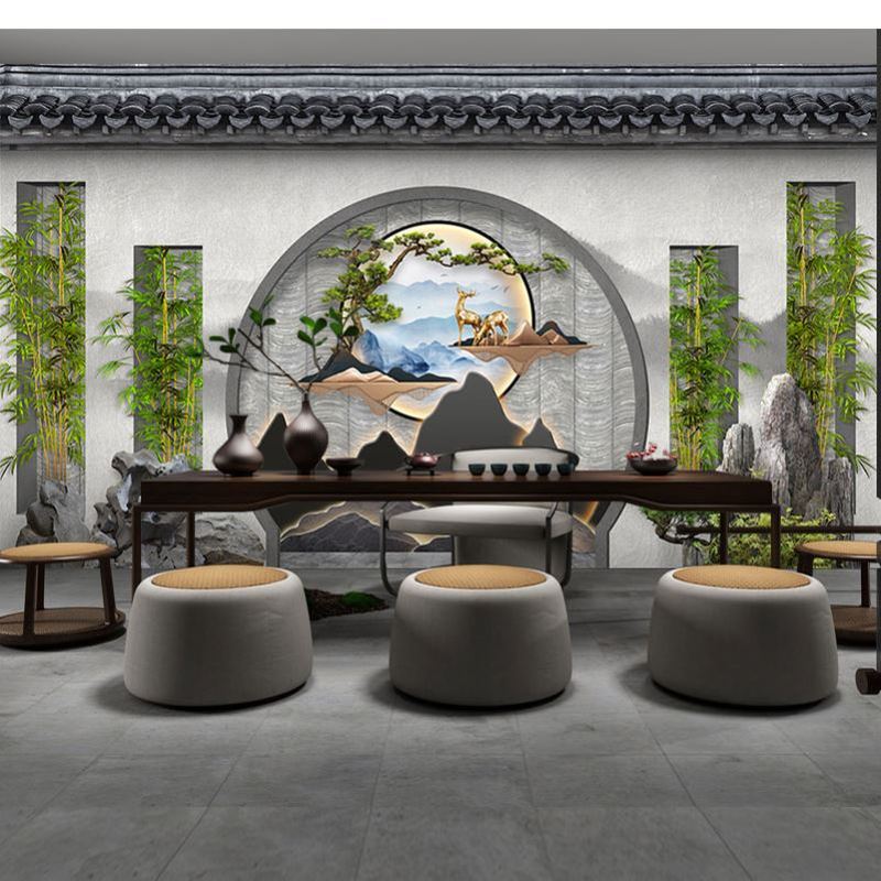 中式仿古建筑墙纸复古庭院茶园苏州园林江南别苑风格壁画茶室壁纸