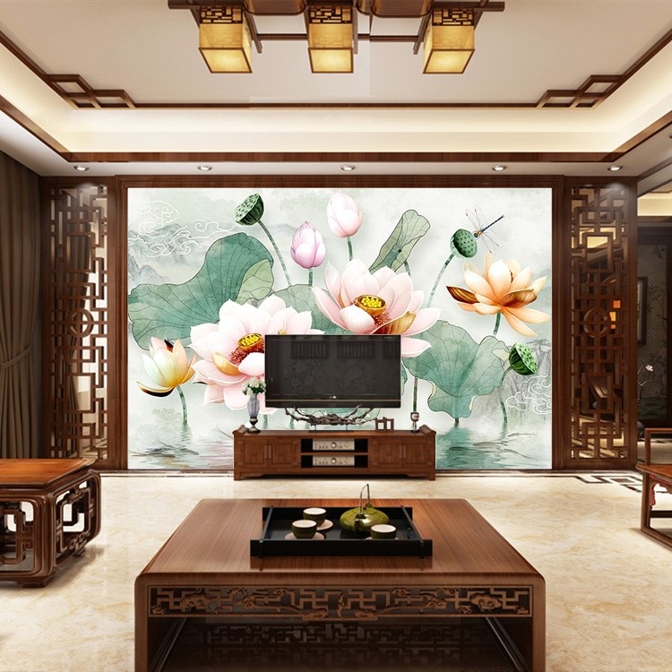 新中式电视背景墙面荷花壁纸客厅沙发书房办公室茶室装饰壁画莲花图片