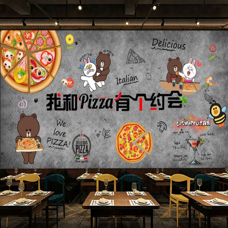 3d卡通个性创意装修墙面壁画汉堡店披萨墙纸西餐厅pizza装饰壁纸