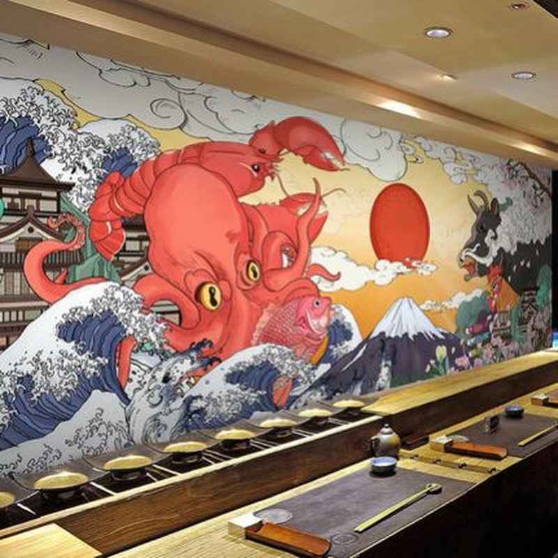 日式手绘海浪浮世绘壁纸日系章鱼长版墙纸餐厅日本料理寿司店壁画