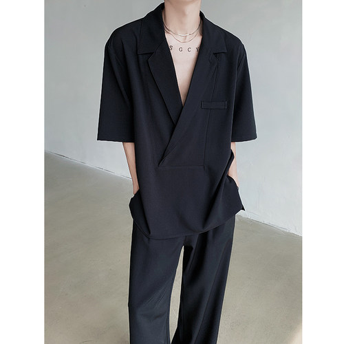 黑色交叉翻领套头短袖衬衫休闲