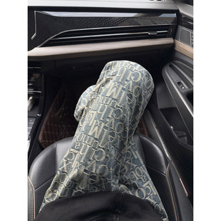 美式高街巴黎满印提花牛仔裤男款夏季美式潮牌vibe浅蓝色直筒裤子