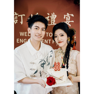 新中式领证结婚登记照衣服大码夏季中国风水墨竹子印花短袖衬衫男