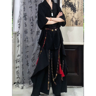汉元素中国风汉服宋裤男大码宽松假两件阔腿裤子山本风不规则裙裤