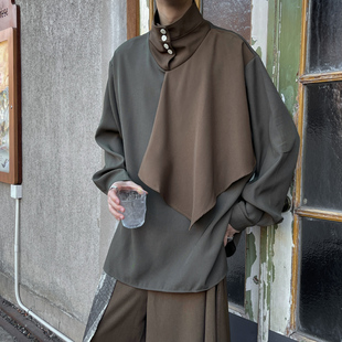 设计感小众拼接立领衬衫男大码复古半高领衬衣高级感山本风外套