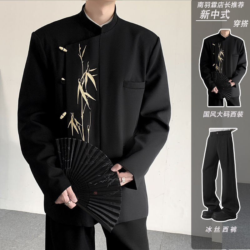 国风金竹叶刺绣西装外套男