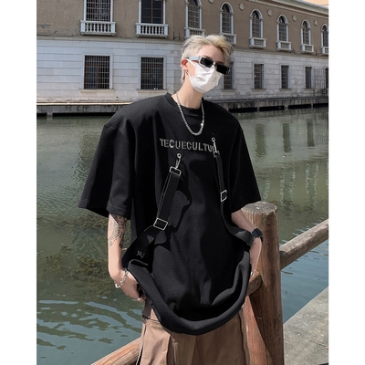 美式高街垫肩T恤男款夏季小众