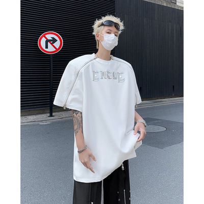 设计感拉链插肩袖T恤垫肩短袖