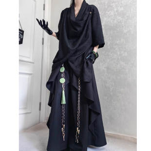 暗黑系日式假两件裙裤设计感假两件黑武士裤子男新中式男装剑道裤