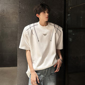 小众设计感拉链装 饰短袖 美式 高级感垫肩T恤男夏季 休闲高级半截袖