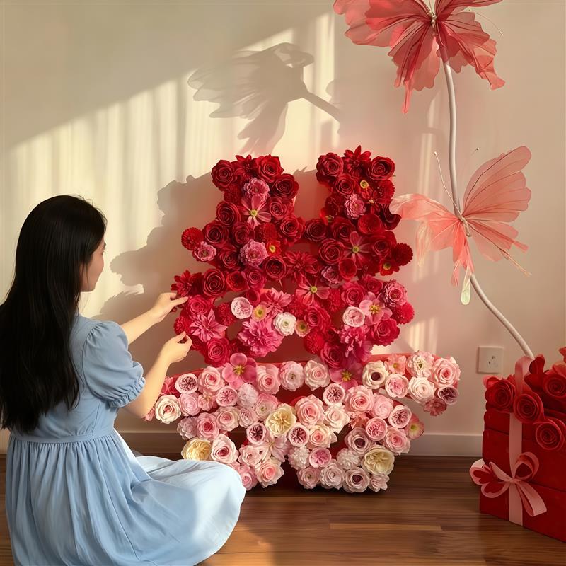婚礼布置仿真玫瑰喜字立体花艺