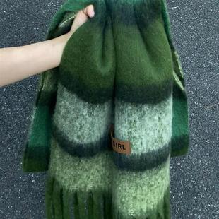 绿青梅森系羊绒条纹流苏保暖绿色围巾女复古加厚冬季防寒围脖披肩