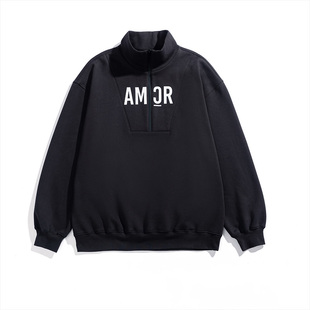 AMCR男女中性同款 简约LOGO半拉链厚实棉绒运动卫衣黑色