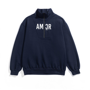AMCR男女中性同款 简约LOGO半拉链厚实棉绒运动卫衣藏蓝色