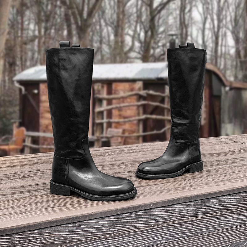 长靴女圆头水洗长筒复古后拉链粗跟高筒靴不过膝骑士靴女