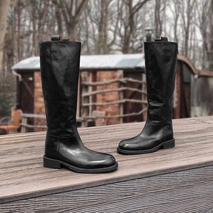 长靴女圆头水洗长筒复古后拉链粗跟高筒靴不过膝骑士靴女
