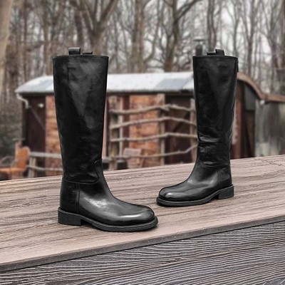 长靴女圆头水洗长筒复古后拉链粗跟高筒靴不过膝骑士靴女