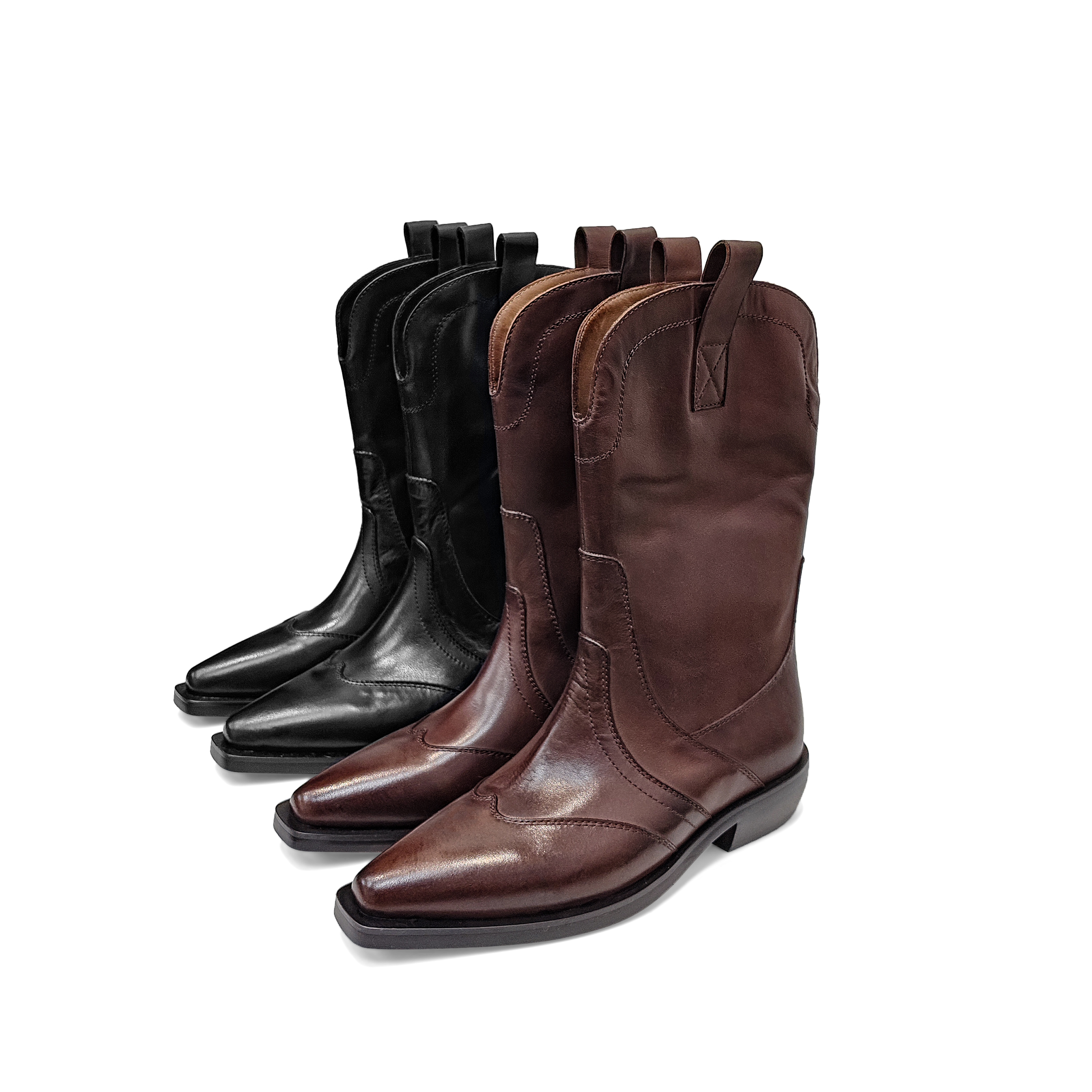 水洗马皮V口尖头牛仔靴女2025新款复古不过膝长筒靴子高筒骑士靴