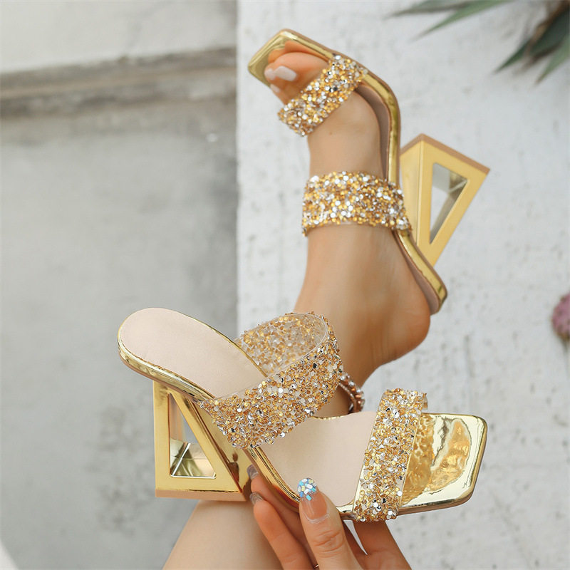 36-43大码女鞋41性感12cm粗跟凉拖鞋女42甜美水钻透明一字带凉鞋