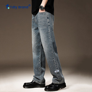 直筒浅蓝色长裤 高街美式 男宽松大码 牛仔裤 子 休闲阔腿复古薄款