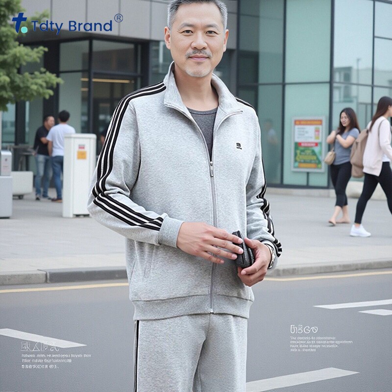 2026春秋季新款棉质高端中老年运动套装男爸爸拉条浅灰卫衣休闲服