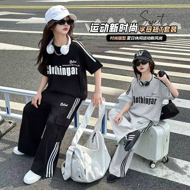 女童夏季2026季热门潮流印花美式运动套装两件套夏季短袖工装裤潮