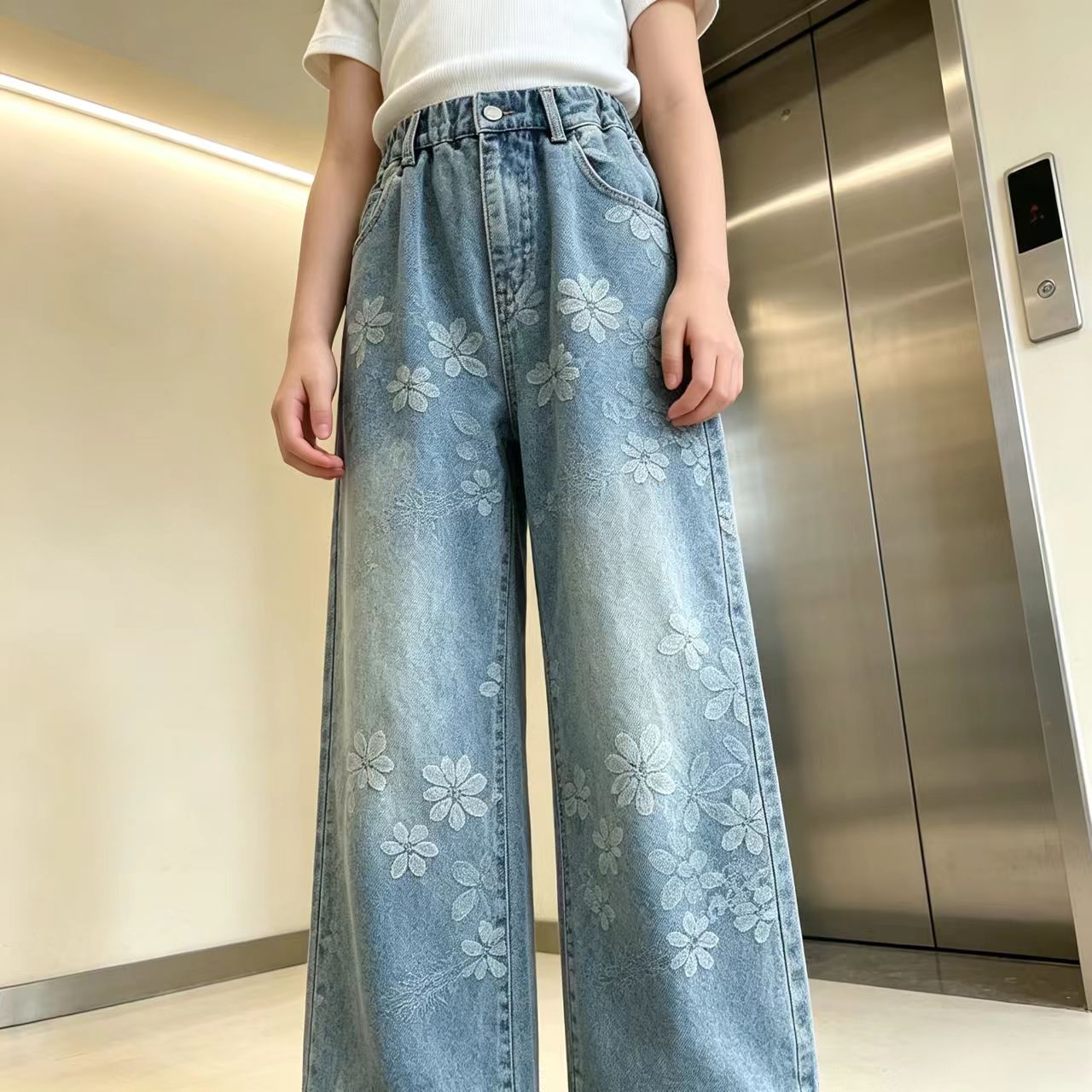 提花牛仔直筒裤女童2026春秋新款
