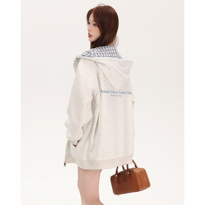 RTYHY 花灰色薄款韩系慵懒风卫衣女秋季格纹拉链帽衫加绒开衫外套