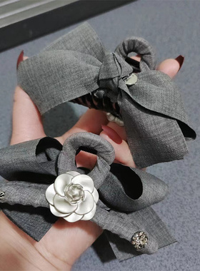 布艺灰色蝴蝶结抓夹 日韩抓夹高级感抓夹女 大号后脑勺盘发抓子