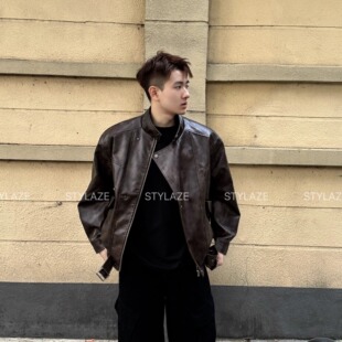 扎染PU皮夹克男短款 Knight」美式 高级感外套 25FW「Dark STYLAZE
