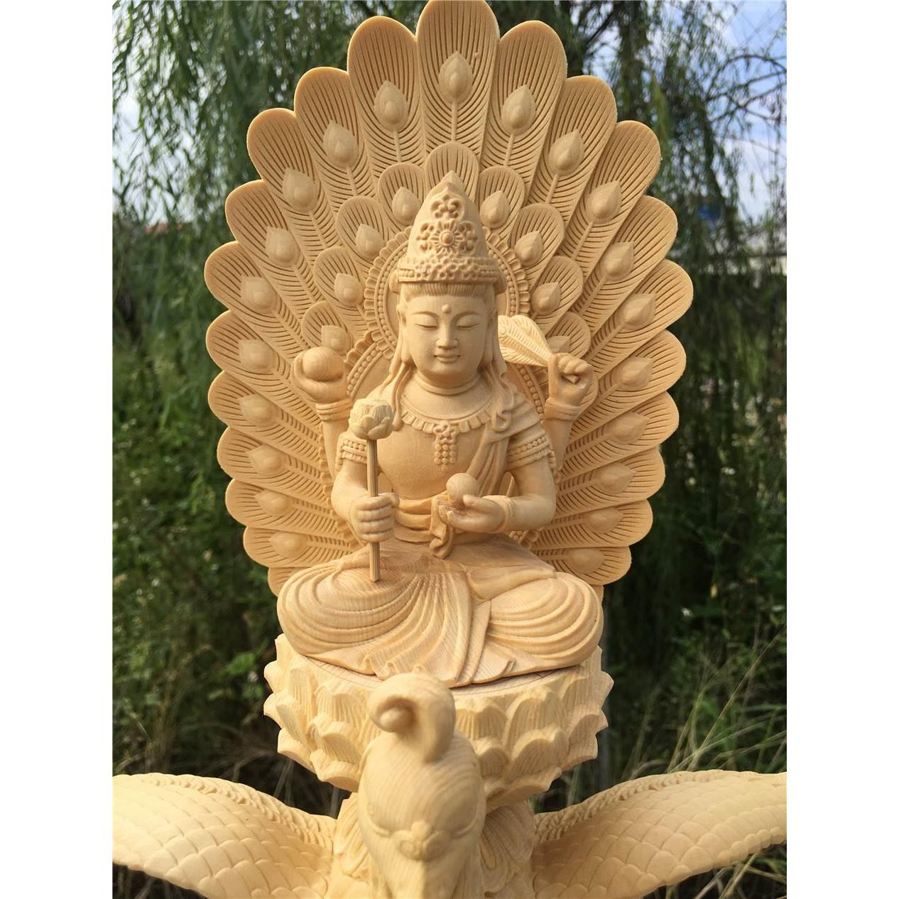 新款l桧雕木言木雕孔雀明王佛摆件大明王真宗佛像母密宗金刚菩萨