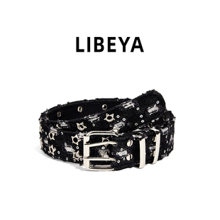 复古磨旧柳丁牛仔布腰带y2k设计感免打孔皮带男女潮流装 腰带 饰裤