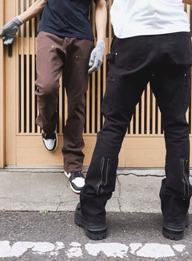 VUJADE 伐木裤喇叭牛仔裤水洗后拉链休闲工装裤黑棕色kenijima