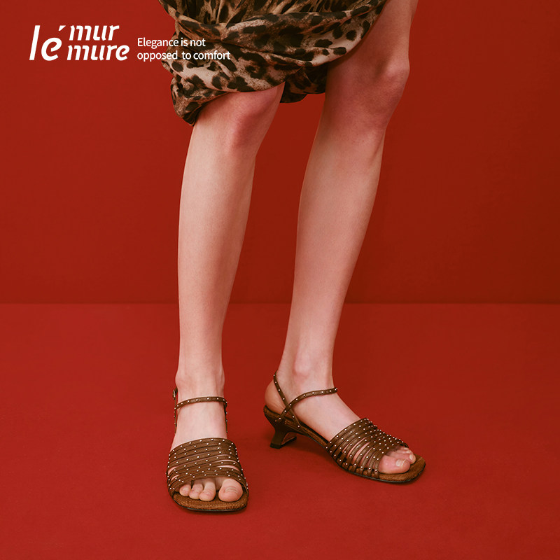 Le' Murmure 意式雅奢 夏季新款羊皮铆钉凉鞋 猫跟手编拉菲草女鞋