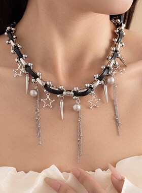 甜酷流苏铆钉串珠拼接项圈女星星