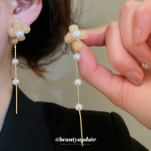 真金电镀银针锆石花朵珍珠耳钉法式 复古优雅耳坠耳环轻奢小众耳饰