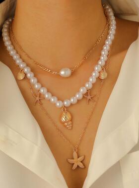 欧美饰品复古海洋假日风仿珍珠项链项饰女海星贝壳necklace