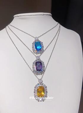 欧美新款超闪锆石几何方形吊坠项链轻奢高级感锁骨链精致宴会颈链