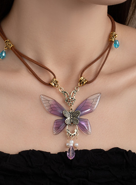 复古紫色蝴蝶项链女新中式民族风