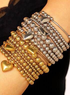 欧美bracelet叠戴法式串珠爱心吊坠手链女简约仿珍珠弹力手饰
