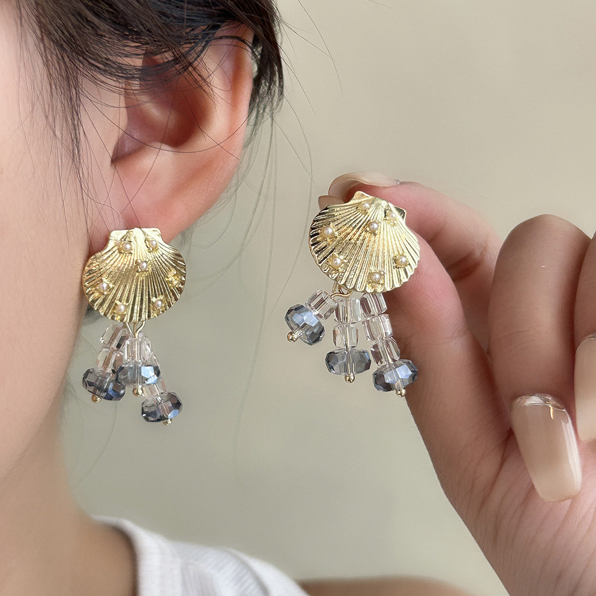 银针珍珠贝壳流苏耳钉时尚个性精