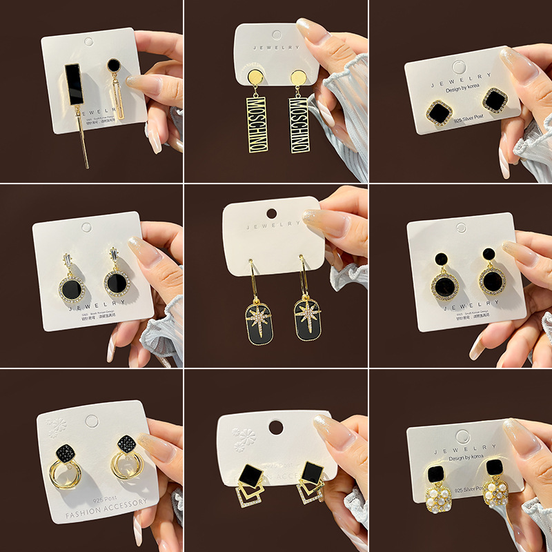 银针复古黑色方块滴油珍珠耳环合