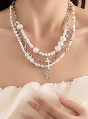 法式轻奢风甜美项链多层珍珠十字