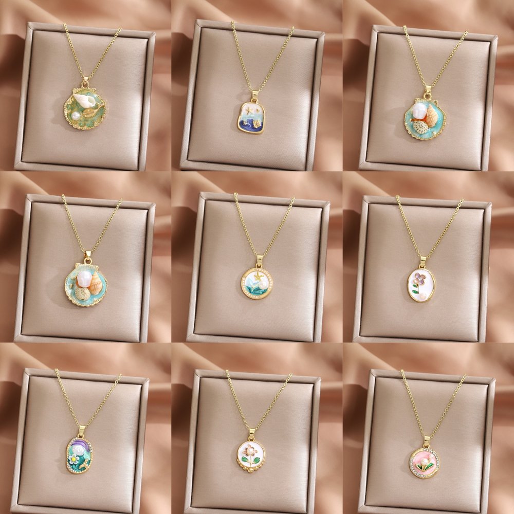莫奈花园油画项链 轻奢小众锁骨链女高级感简约百搭贝壳吊坠项链