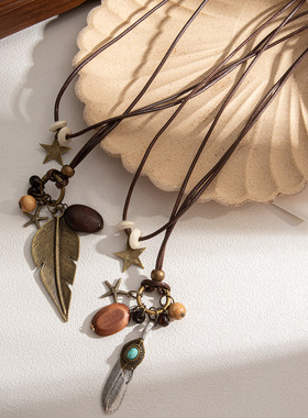 禅意民族风长款星星串珠羽毛项链