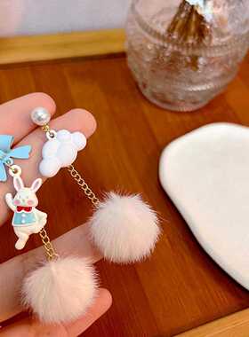 日韩系可爱卡通小兔子云朵耳钉不对称链式拼色蝴蝶耳环女饰品
