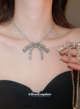 超仙镶钻蝴蝶结吊坠项链精致甜美