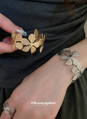 金属纹路花朵开口手镯戒指套装欧