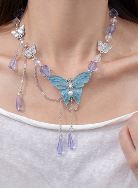 新款重工蓝色蝴蝶镶钻珍珠流苏项